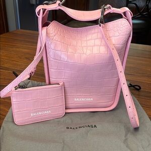 Balenciaga Tool 2.0 XS Croc embossed pink tote, crossbody strap and coin pouch